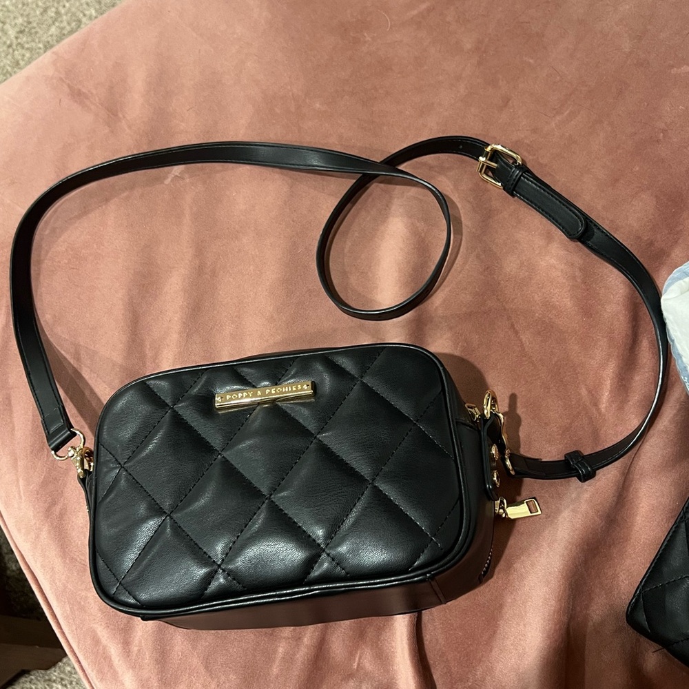 Poppy & Peonies Black Quilted Crossbody Bag